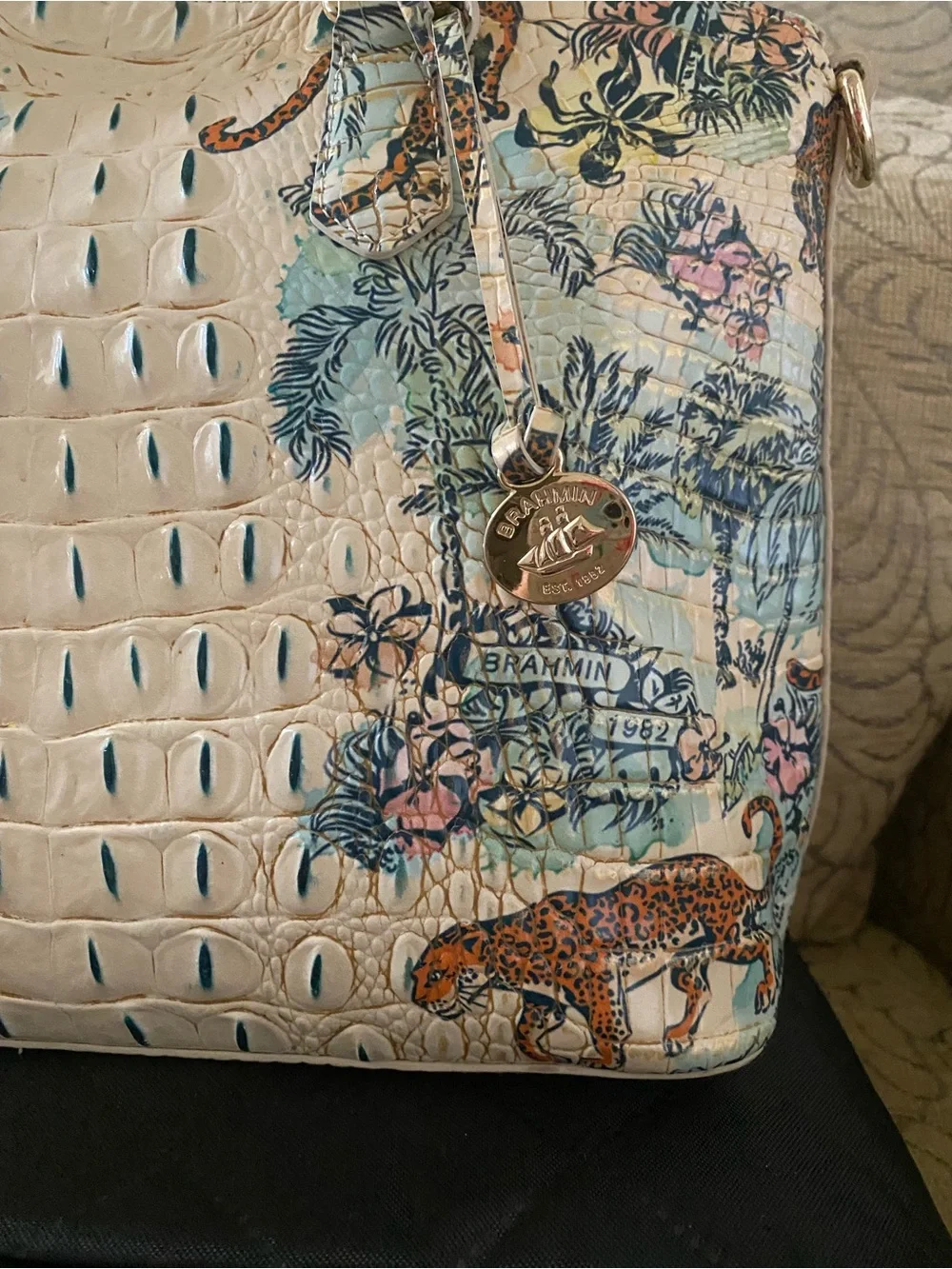 Brahmin Cream Croc-Embossed Satchel with Floral & Leopard Motif